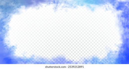 Blue realistic clouds around the horizontal 2 to 1 size rectangular frame with empty space for text or inscription. Vector sea or sky azure color haze isolated on transparent background.
