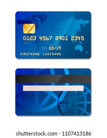 Blue realistic credit card from both sides isolated on white