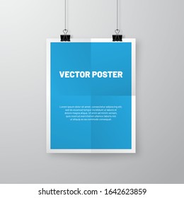 Blue realistic crumpled paper sheet with shadow. Wrinkled poster hanging on bulldog clips. Mock up template for your design.