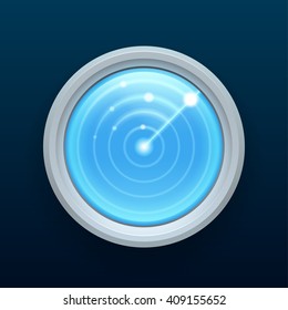 Blue realistic detailed radar in action. Decorated with a steel frame. Isolated on a blue background. With space for text. Vector illustration.