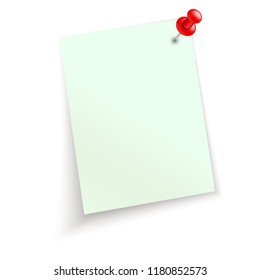 Blue realistic empty note paper with red pushpin. Vector illustration isolated on transparent background with realistic  shadow. Template for your design. High quality.