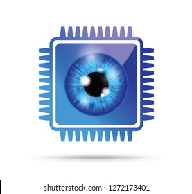 blue realistic eyeball on a microchip 