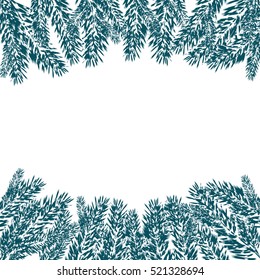 Blue, realistic fir branches in the snow in cold weather. Fir branches with the top and bottom of the picture. Isolated on white background. Christmas vector illustration