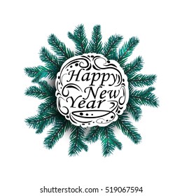 Blue, realistic fir branches. Spruce branch in a circle from the center of the picture. Happy New Year. Isolated on white background. Christmas vector illustration