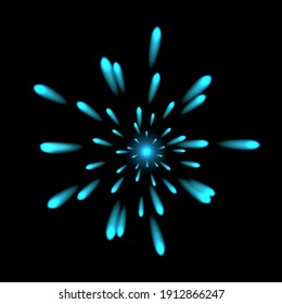 Blue realistic fireworks. Isolated on black background. Vector illustration.