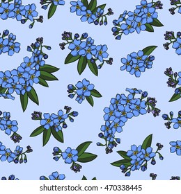 Blue realistic forget-me-not with leaves seamless pattern vector