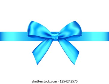 Blue realistic gift bow with horizontal  ribbon isolated on white background. Vector holiday design element  for banner, greeting card, poster.