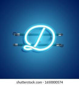 Blue realistic neon 'D' character, vector illustration