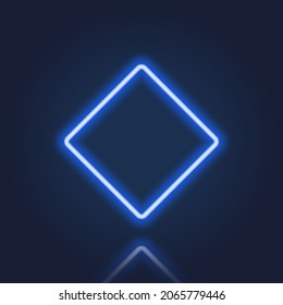 Blue Realistic Neon Frame with Glowing Border on Dark Background. Rhombus Neon Banner with Reflection Effect. Electric Light Rhombus. Isolated Vector Illustration.