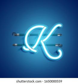Blue realistic neon 'K' character, vector illustration