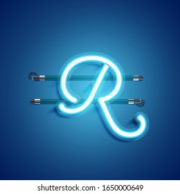 Blue realistic neon 'R' character, vector illustration