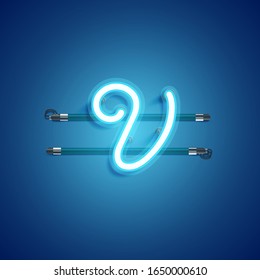 Blue realistic neon 'V' character, vector illustration