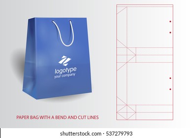 Blue realistic paper bag with a bend and cut lines.
