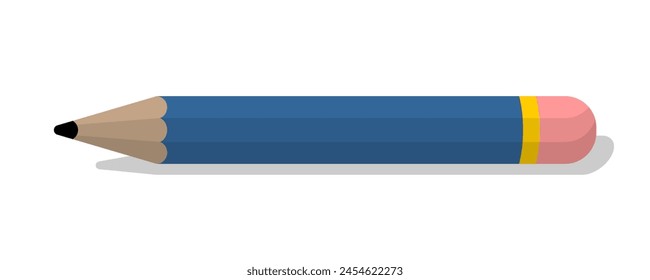 Blue realistic pencil with shadow. Vector illustration isolated on white background.