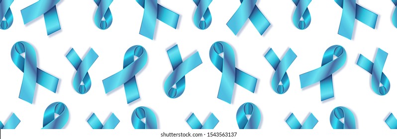 Blue realistic ribbon Seamless Pattern to Prostate Cancer Awareness Month, November. Men's health concept for prostate, colon, testicular cancer, suicide. Horizontal medical web header, poster. Vector