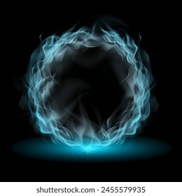 Blue realistic round fiery frame,fire circle,ring of fire flame. Vector illustration