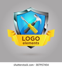 Blue realistic shield with tools and yellow band. Screwdriver and hammer. Realistic logo elements. Tools and shield icon. Logo template for construction or building company. Vector illustration EPS10.
