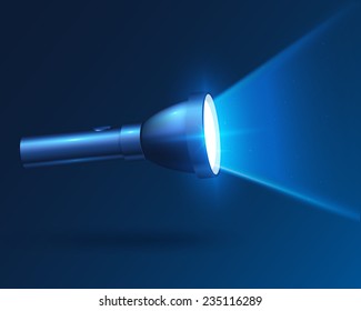 Blue realistic shining vector flashlight in darkness