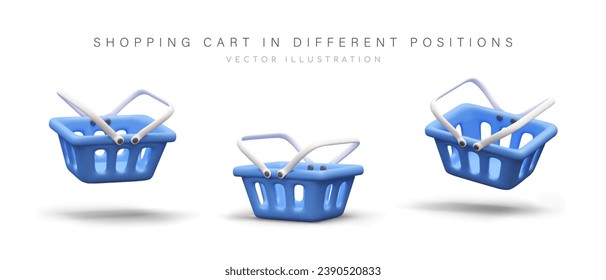 Blue realistic shopping cart in different positions. Empty basket. Set of vector images with shadows. Illustration for online store. Icons for site, application