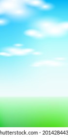 Gradiente azul realista del cielo. El paisaje natural de fondo al aire libre. La ecología de la hierba verde borrosa el campo. Ilustración vectorial de nubes blancas de clima soleado