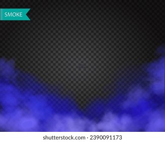 Blue realistic smoke isolated on dark transparent background. Blue magic clouds, mist fog frame. Vector illustration.