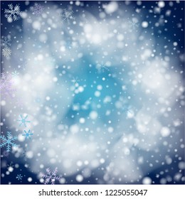 Blue Realistic Snowfall, Vector. Christmas, New Year Sky Holidays Background. Realistic Snowfall Texture, Flying Snowflakes Overlay. Random Dots, Storm Sky, Frost Effect Magic Ice Square Frame.