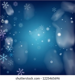 Blue Realistic Snowfall, Vector. Christmas, New Year Grunge Holidays Background. Realistic Snowfall Texture, Flying Snowflakes Overlay. Winter Dots, Storm Sky, Frost Effect Silver Ice Square Frame.