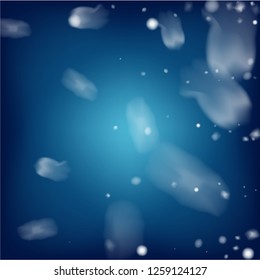 Blue Realistic Snowfall, Vector. Christmas, New Year Ad, Flyer, Card Background. Realistic Snowfall Texture, Flying Snowflakes Overlay. Winter Dots, Storm Sky, Frost Effect Magic Ice Square Frame.