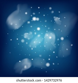 Blue Realistic Snowfall, Vector. Christmas, New Year Ad, Flyer, Card Background. Realistic Snowfall Texture, Flying Snowflakes Overlay. Winter Dots, Storm Sky, Frost Effect Magic Ice Square Frame.