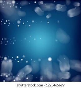 Blue Realistic Snowfall, Vector. Holidays Background, Christmas, New Year Flyer. Realistic Vector Snowfall, Flying, Falling Snowflakes. Winter Dots, Storm Sky, Frost Effect Silver Ice Square Frame.