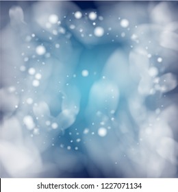 Blue Realistic Snowfall, Vector. Holidays Background, Christmas, New Year Sky. Flying, Falling Snowflakes, Realistic Vector Snowfall. Random Dots, Storm Sky, Frost Effect Magic Ice Square Frame.