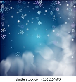 Blue Realistic Snowfall, Vector. Holidays Background, Christmas, New Year Sky. Realistic Snowfall Pattern, Falling Snowflakes Overlay. Christmas Dots Frame, Ice, Storm, Frost Effect Vector Border.