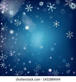 Blue Realistic Snowfall, Vector. Holidays Background, Christmas, New Year Sky. Realistic Vector Snowfall, Flying, Falling Snowflakes. Christmas Dots, Storm, Frost Effect Magic Ice Square Frame.