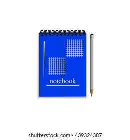 Blue realistic spiral notebook with grey pencil isolated on white background.