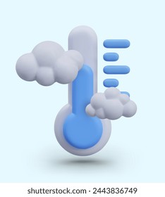 Blue realistic thermometer with measuring scale, white clouds