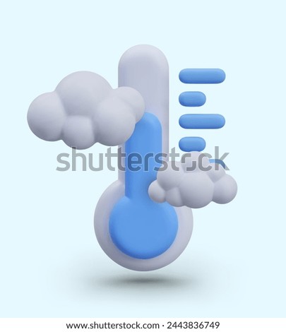 Blue realistic thermometer with measuring scale, white clouds
