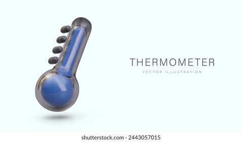 Blue realistic thermometer in tilted position. Glass device with measuring scale