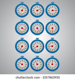 Blue realistic timers, increments from 5 to 60, 5 minutes interval, 4 rows and 3 columns on gray background, for business or education. Seconds timer. Timing device. Stopwatch icon  set 2. EPS 10.