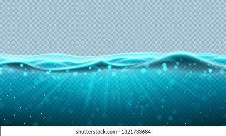 Blue realistic transparent ocean waves. Vector illustration. Realistic deep underwater sea scene. Banner with horizontal water surface.