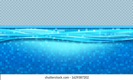 Blue realistic transparent water waves in pool. Vector illustration. Realistic underwater scene with light beams in swimming pool. Banner with horizontal water surface.