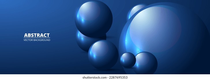 Esferas y bolas vectoriales 3d azul realistas sobre un fondo azul ancho. Resumen de la ilustración vectorial geométrica de pancarta moderna en tres dimensiones.