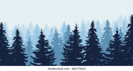 Blue realistic vector illustration of forest in winter under blue sky, layered