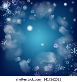 Blue Realistic Vector Snowfall. Christmas, New Year Grunge Holidays Background. Realistic Snowfall Pattern, Falling Snowflakes Overlay. Christmas Dots Frame, Storm, Frost Effect Magic Ice Vector.