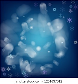 Blue Realistic Vector Snowfall. Holidays Background, Christmas, New Year Sky. Flying, Falling Snowflakes, Realistic Vector Snowfall. Random Dots, Storm Sky, Frost Effect Magic Ice Square Frame.
