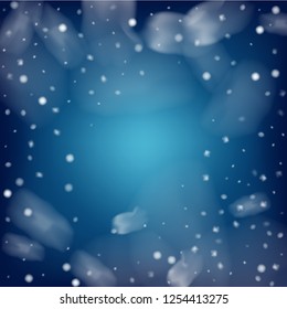 Blue Realistic Vector Snowfall. Holidays Background, Christmas, New Year Sky. Flying, Falling Snowflakes, Realistic Vector Snowfall. Winter Dots, Storm Sky, Frost Effect Magic Ice Square Frame.