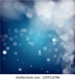 Blue Realistic Vector Snowfall. Holidays Background, Christmas, New Year Flyer. Flying, Falling Snowflakes, Realistic Vector Snowfall. Christmas Dots Frame, Ice, Storm, Frost Effect Vector Border.