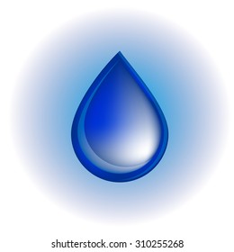 Blue realistic vector water drop on white and blue background. 