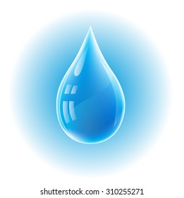 Blue realistic vector water drop on white and blue background. 