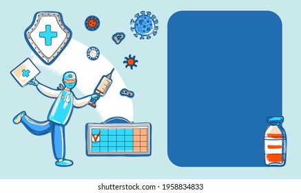 Blue realistic viral banner, with a doctor rushing to the rescue. Illustration of COVID-19 research methods and coronavirus prevention. Hand-drawn design.