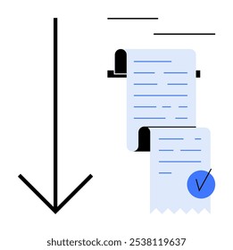 A blue receipt with a check mark and a large downward arrow indicating completion or approval. Ideal for financial transactions, record-keeping, payment confirmation, accounting, and bookkeeping